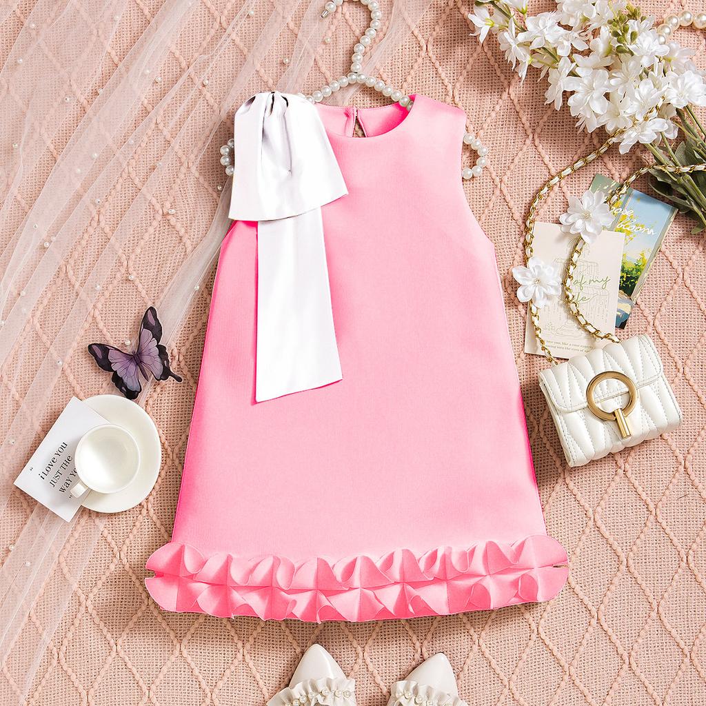 Girls Fashion Dress Summer Children's Round Neck Bow Solid Color Princess Dress