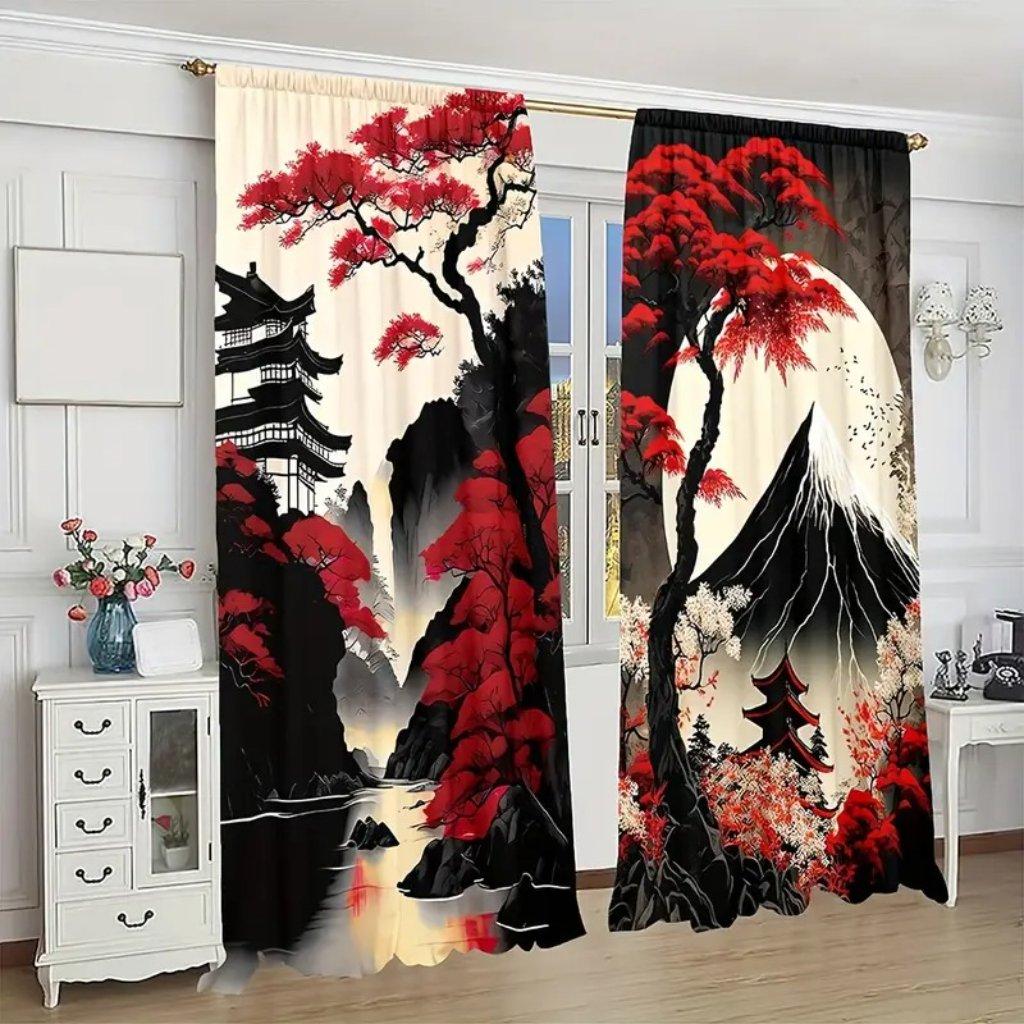 2 Pieces Japanese Mountain Print Digital Printed Curtains Polyester Material Suitable for Living Room Clothes Kitchen Kitchen