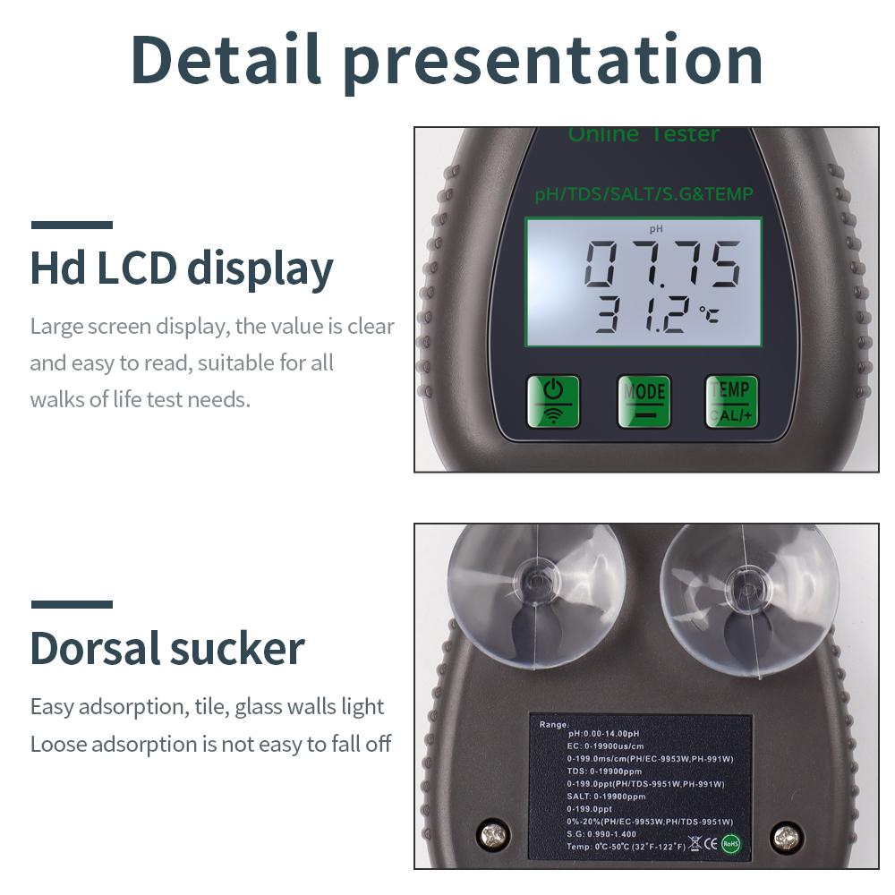 Tuya WiFi 5 In 1 TDS/EC/SALT/S.G./TEMP PH Meter Bluetooth APP Online Water Quality Monitor for Pool Aquarium Aquaculture