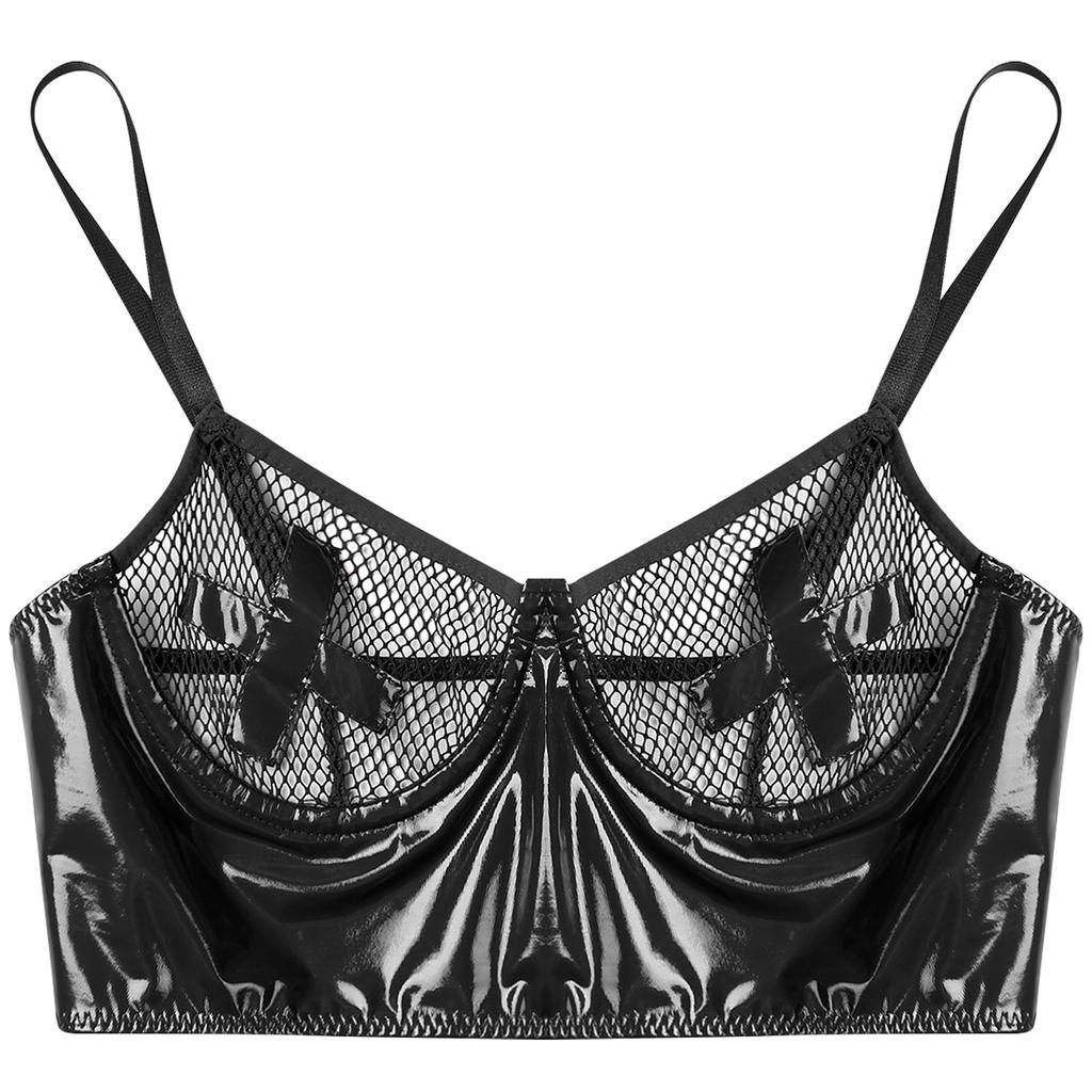 Womens Mesh Underwire Push Up Bra Balconette Bustier Wet Look Crop Top Back Zipper Lingerie