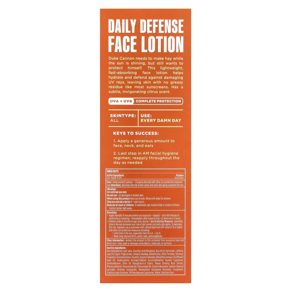 Duke Cannon Supply Co. Daily Defense Face Lotion, Mineral Sunscreen, Spf 32, Light Citrus, 88 Ml (3 Fl Oz)