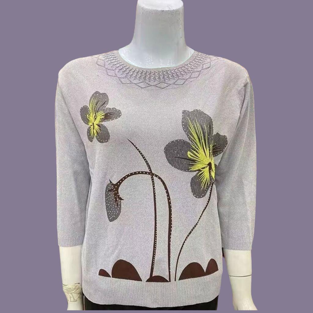 Spring Summer Women's Ice Silk Plus-Size Sweater Thin Round Neck Loose-Fit Printed Pullover Sweater 3/4sleeve Knitwear