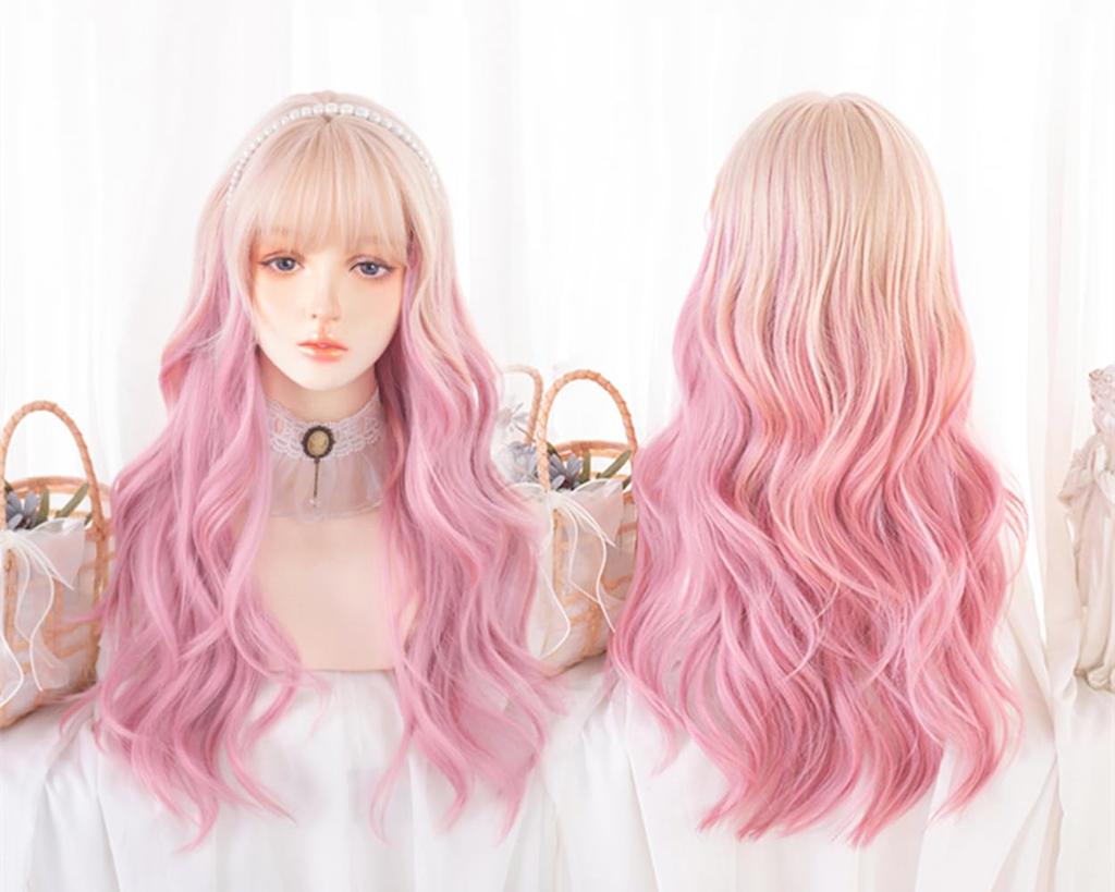 Парик Лолита RyuuCos Длинные волосы Кудрявый розовый парик Розовый градиент Натуральный Харадзюку Косплей Термостойкий Маскировка Настоящее событие Хэллоуин Рождество Школа