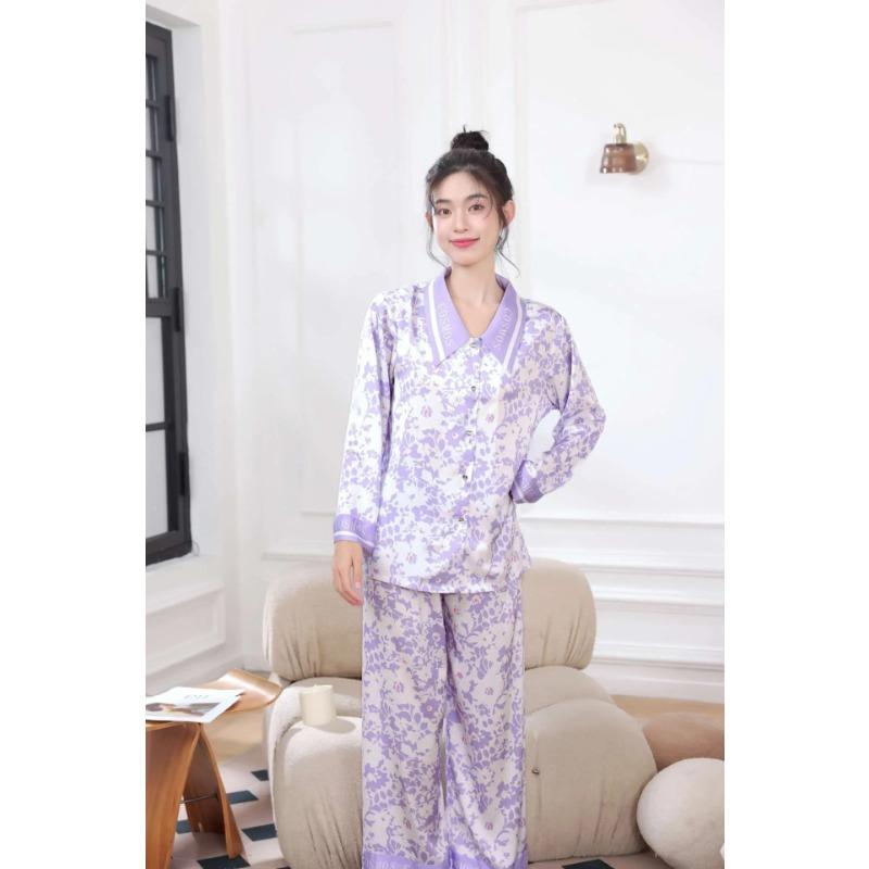 Фиолетовый цветочный стиль Удобная осенняя новая пижама для женщин Ice Silk Cool Повседневная домашняя одежда