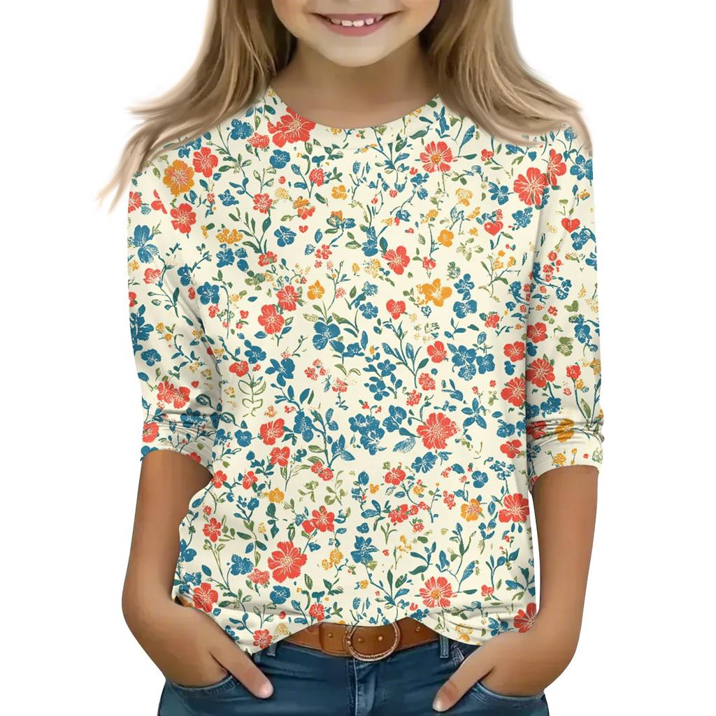 Print Tops For Youth Girls 5-16 Years Round Neck 3/4 Sleeves T-Shirts Trendy Tops Outfit Tees