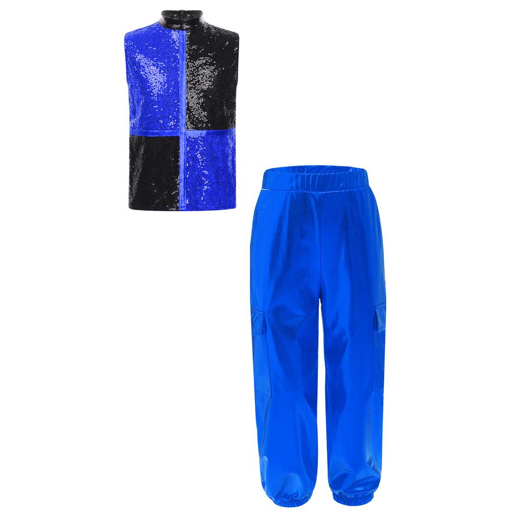 Boys Metallic Jazz Dance Costume Mock Neck Sleeveless Back Zipper Shiny Sequins Color Block Top Cargo Pants