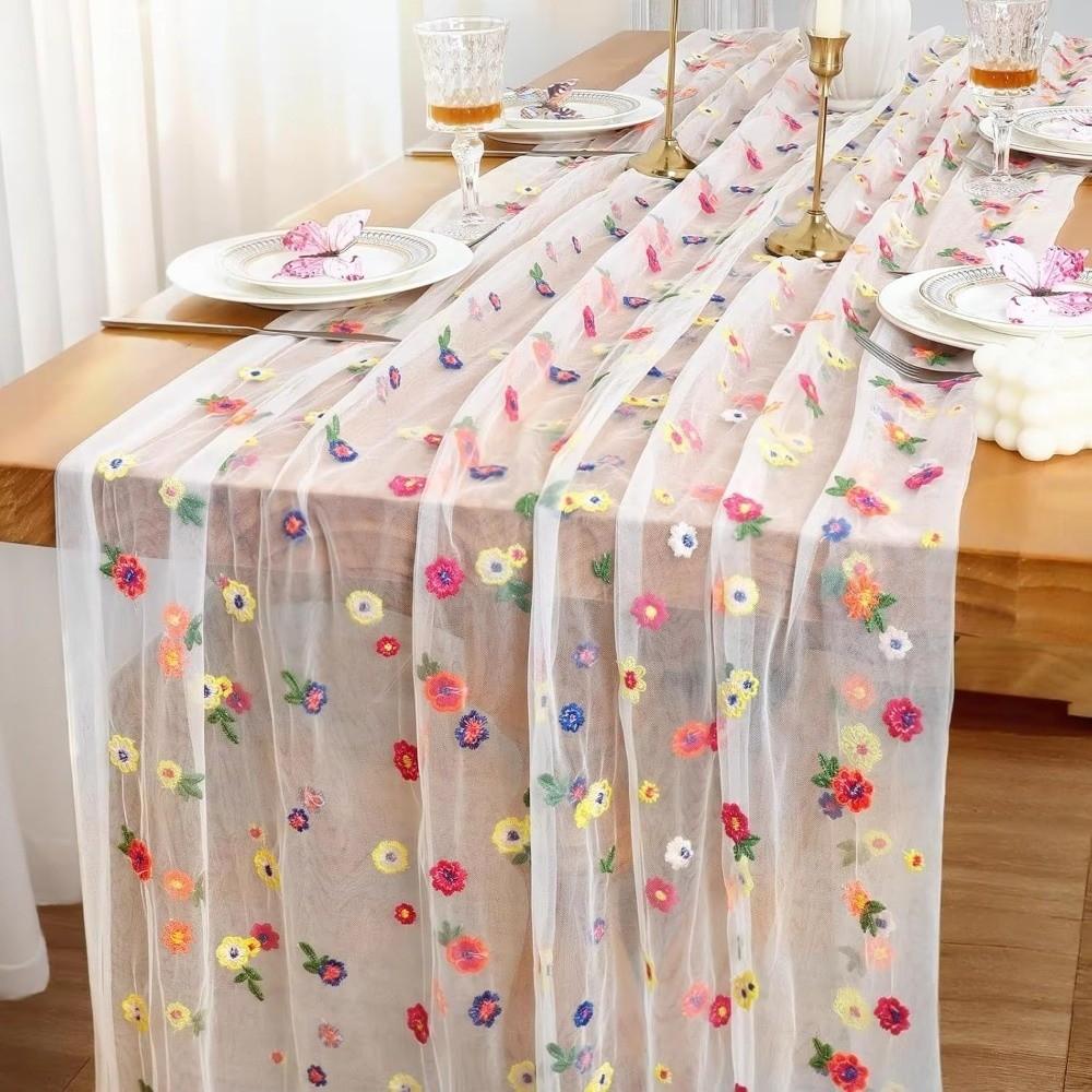 Colorful Flower Lace Tulle Runner Embroidery Daisy Floral Table Cover for Bridal Shower