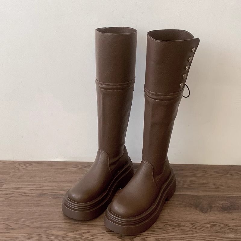 Универсальные, увеличивающие рост и тонкие рыцарские сапоги, черные американские ретро-сапоги на толстом каблуке и платформе, женские, новинка осени 2024 года