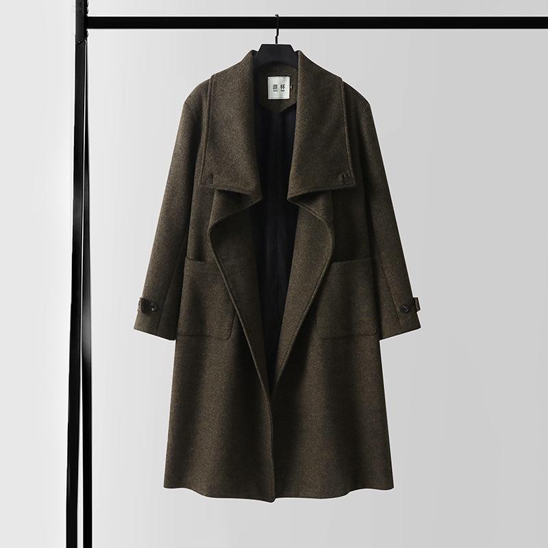 Мужской асимметричный длинный кашемировый пальто с воротником-стойкой и поясом - Большой размер, свободный крой, верхняя одежда для осени и зимы.