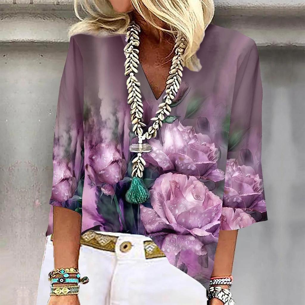 Women's Shirt Blouse Casual Loose Shirts 3/4 Sleeve Print V Neck Tops T-shirts Tee