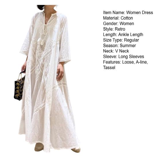 Summer Spring Women Dress Lace-up Strap Tassel A-line Loose Retro Long Sleeves Flower Embroidery V Neck Ankle Length Vacation Beach Maxi Dress