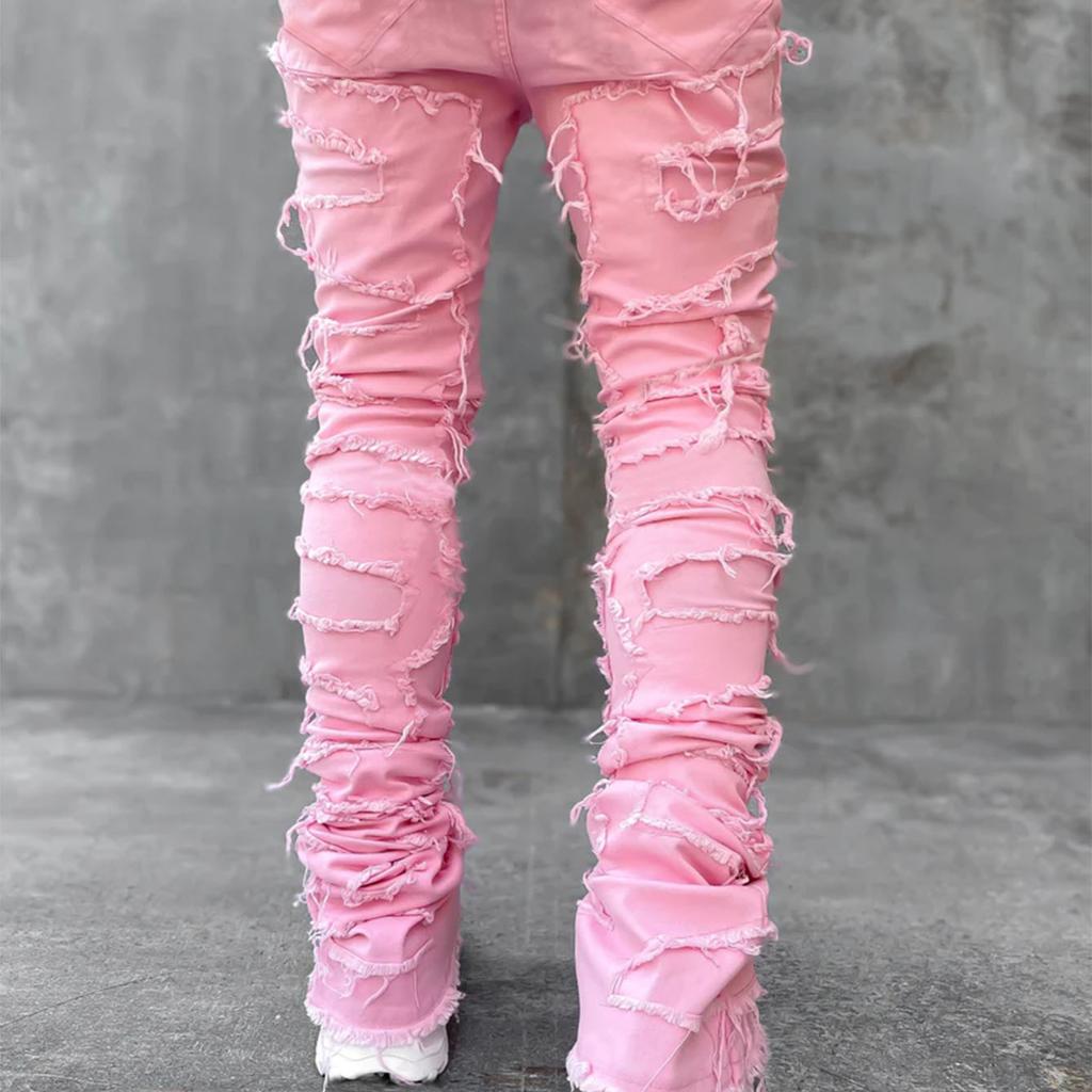 New Men's Denim Straight Leg Jeans Street Fashion Ins Colorful Stretch Patch Denim Straight Leg Jeans