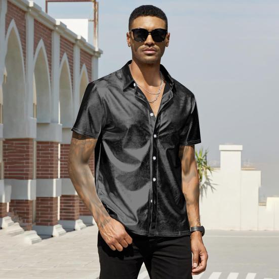 Летняя мужская рубашка с глянцевой поверхностью и отложным воротником, однобортная с короткими рукавами, свободный однотонный топ для вечеринки, ночного клуба, танцевальной уличной одежды