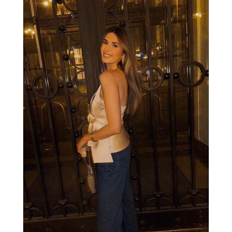 Araltay Fashion Style Women's Clothing New Sexy Bowknot Decoration Silk Satin Texture Halter Top 3506399