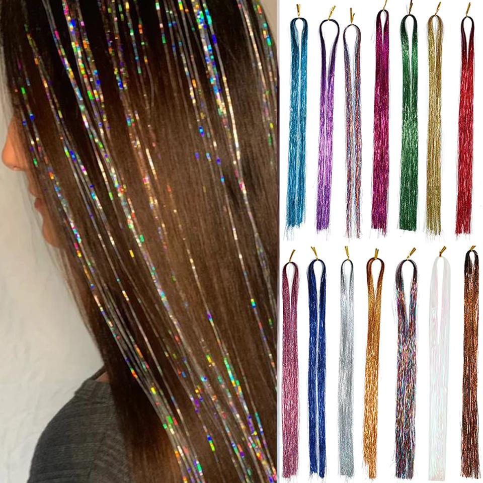 WTB Synthesis Neon Rainbow Sparkle Shiny Hair Tinsel Rainbow Silk Hair Extensions Dazzles Women Hippie for Braiding Headdress
