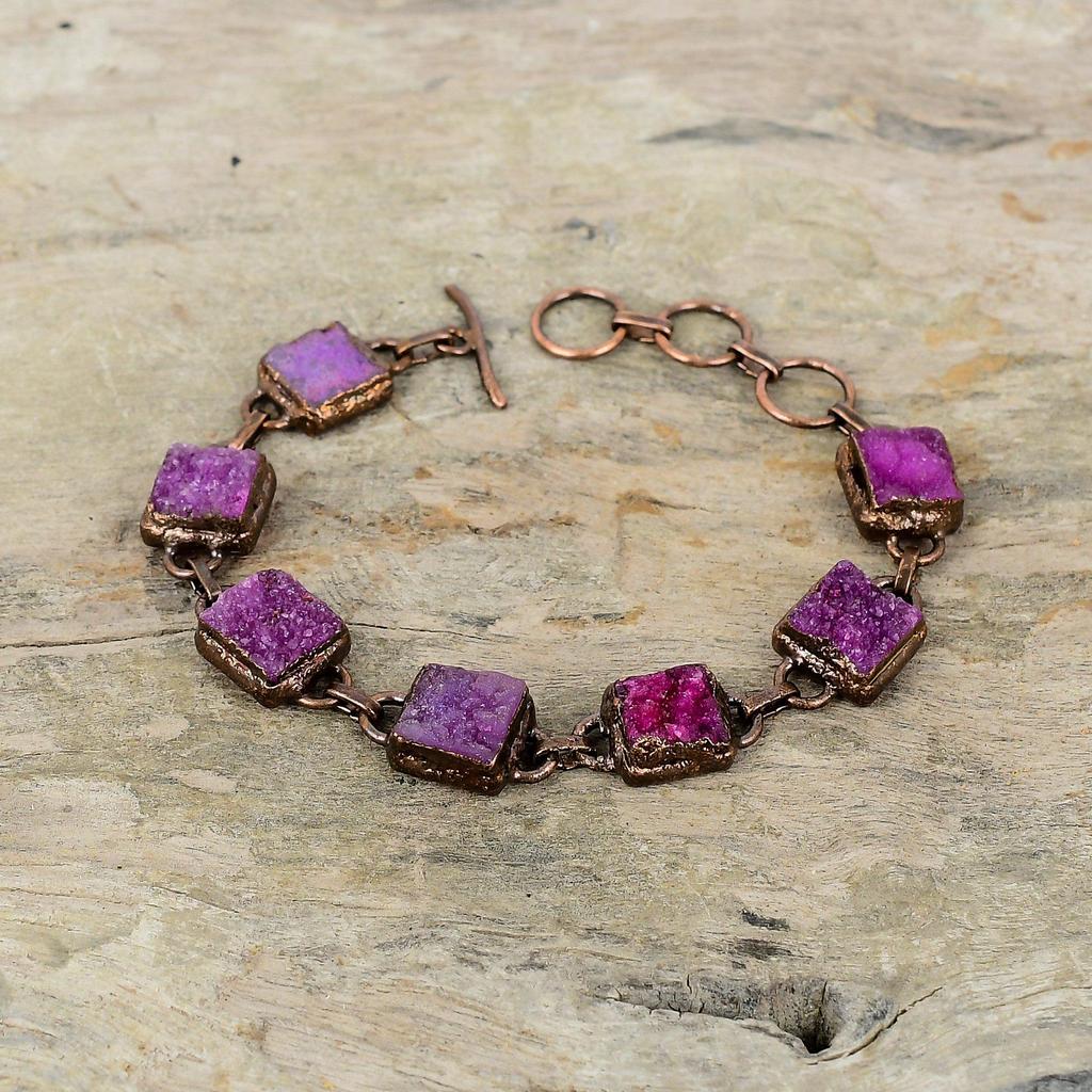Розовый браслет с друзами, гальванический медный браслет, регулируемый браслет-цепочка, гальванический браслет, ювелирные изделия ручной работы, браслет из драгоценных камней, подарок для мамы