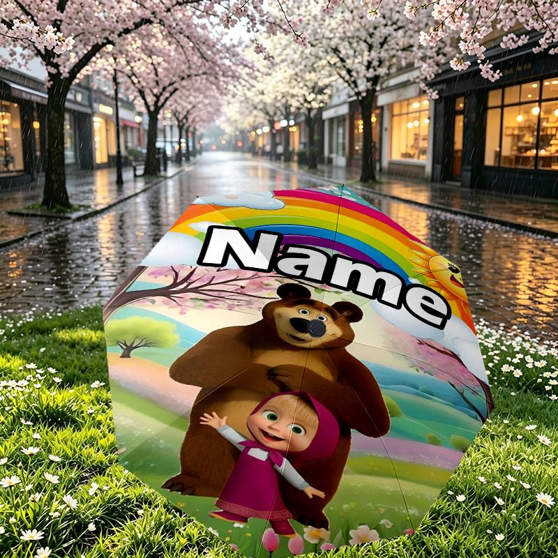 Custom Name Personalized Masha and The Bear Print Umbrella, Auto Open Close, 8‑Rib Sturdy Frame, Commute Camping Hiking Use, Birthday Gift