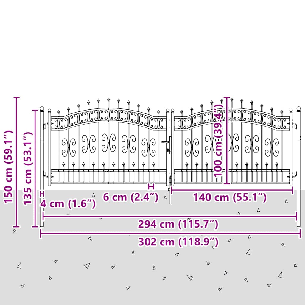 Garden Gate KAMPEN with Spear Tip Black 302 x 100 cm Steel
