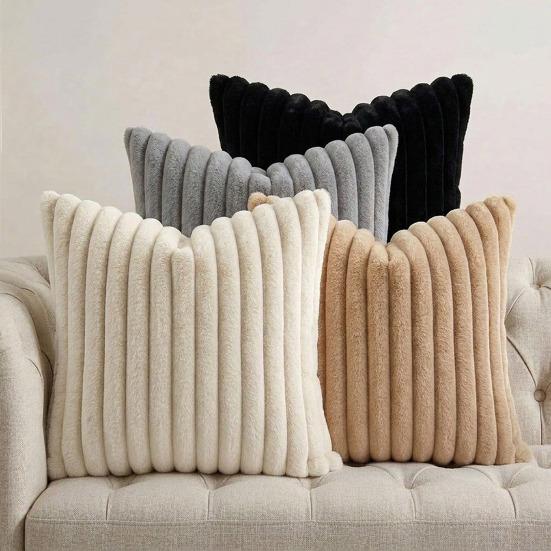 Imitation Rabbit Fur Pillowcase, Soft Plush Vertical Strip Design Throw Pillow Case, Decorative Cushion Cover for Sofa Bed Chair
