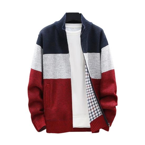 Men Autumn Winter Sweater Coat Stand Collar Thick Plush Color Matching Knitted Elastic