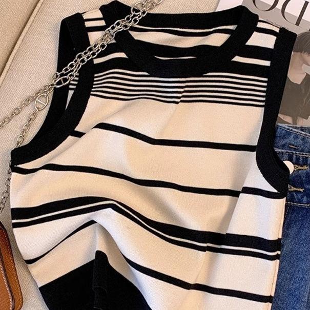 Women's Ice Silk Knit Hot Girl Camisole Summer Outer Wear Short Sleeveless T-shirt Sexy Stripe Top