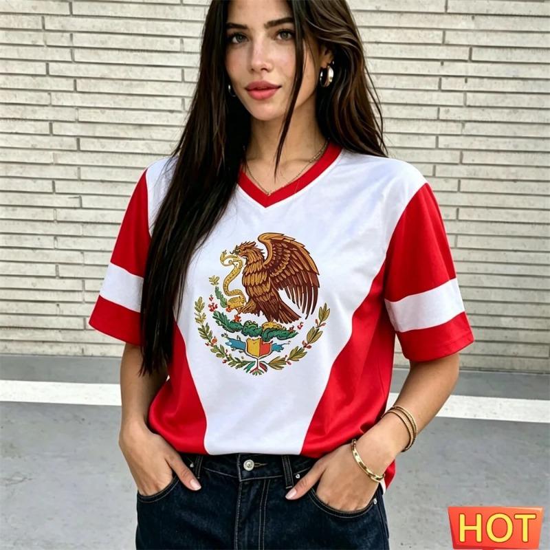 Women Red and Blue Retro Puerto Rico Style Sports Jersey T Shirt Summer Short Sleeve Loose Fit Sporty Stylish Y2K Streetwear Tee