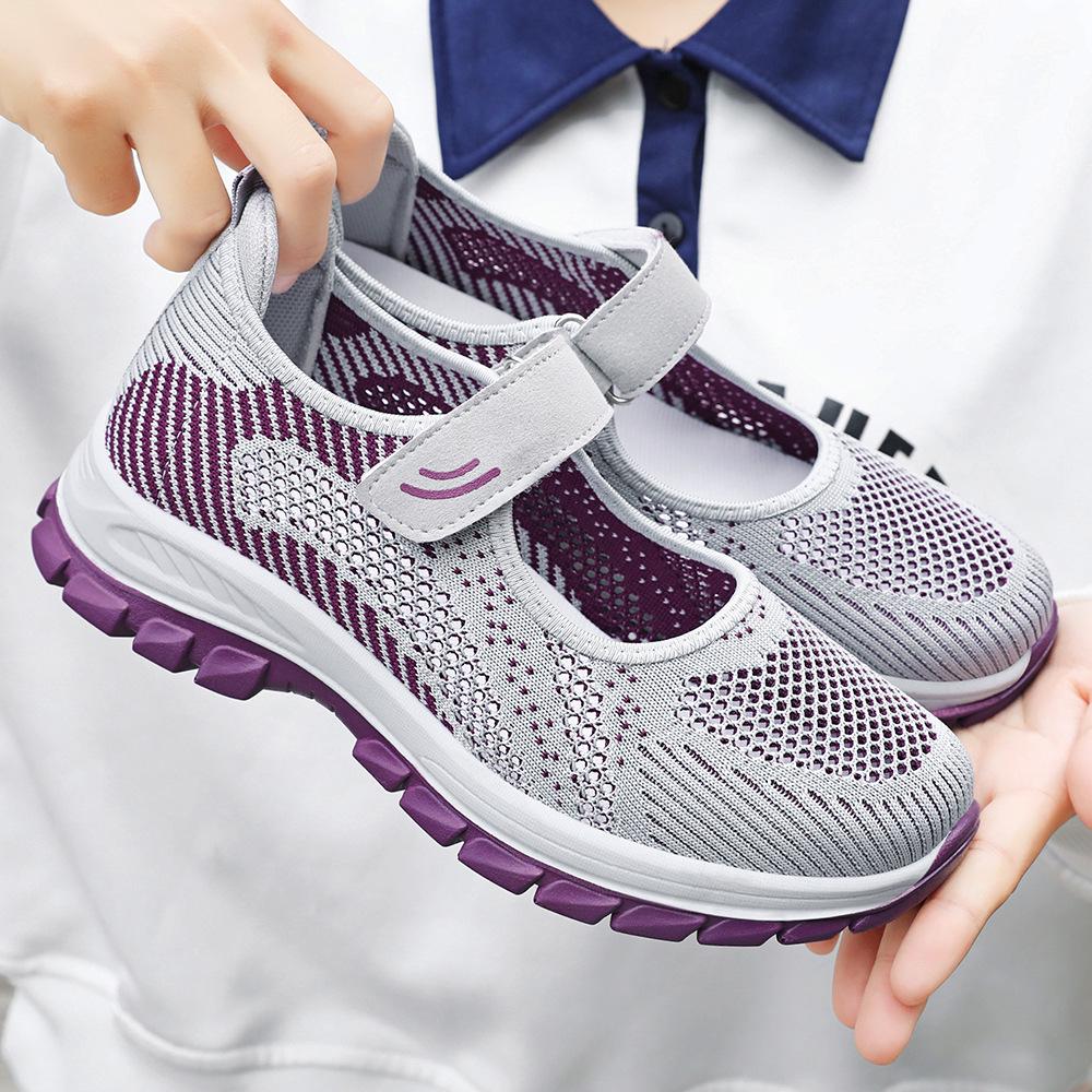 Дышащие сетчатые кроссовки Flyknit на липучках для ходьбы для женщин среднего и пожилого возраста
