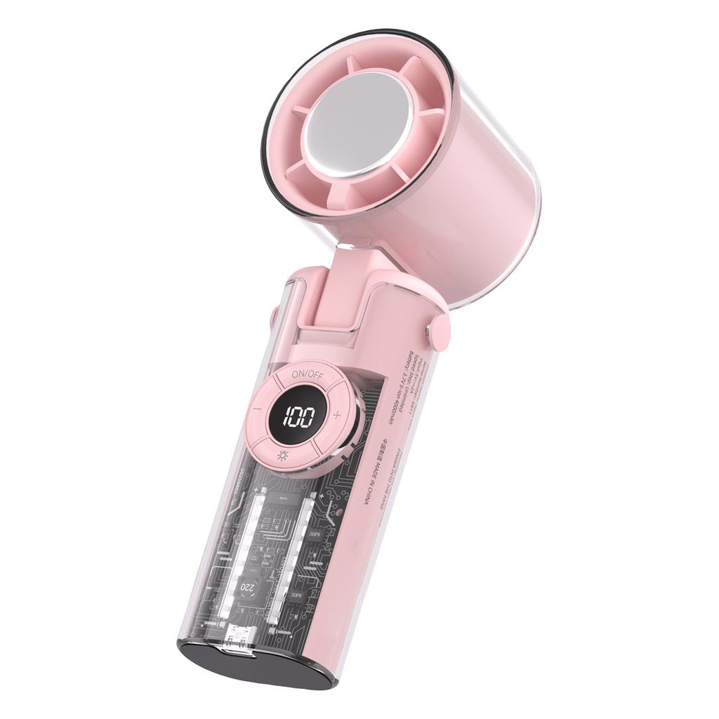 Portable Conditioner Fan With Function, 4000mAh Rechargeable Battery, Transparent Mechanical Fan Design, And Comes With A Lightweight Lanyard.