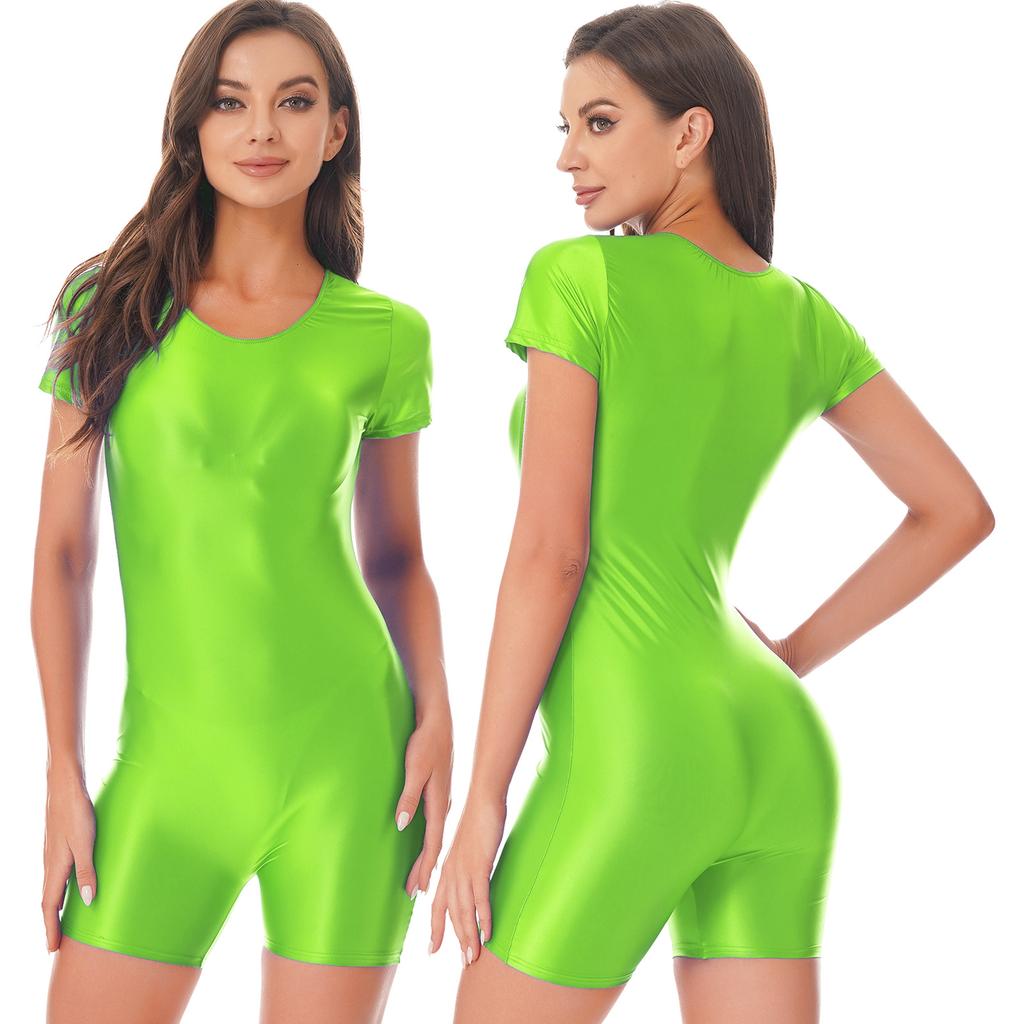 Женский глянцевый комбинезон для плавания с коротким рукавом, цельный купальник, шорты, комбинезон