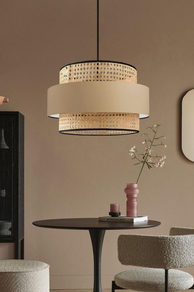 Bohemian Trio Metal Frame Real Rattan and Coffee Fabric Living Room Chandelier Three-Layer Cake Bedroom Pendant Lamp