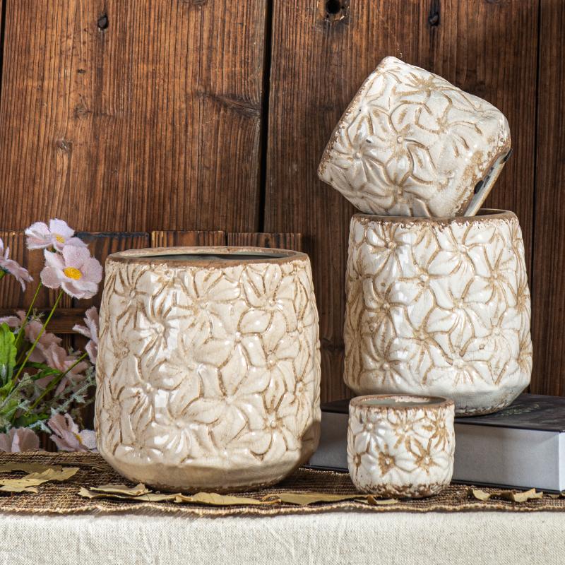 Vase Vintage Ceramic Home Balcony Outdoor Courtyard Desktop Decoration AmericanCreative Style Relief Light Luxury High-End Sense