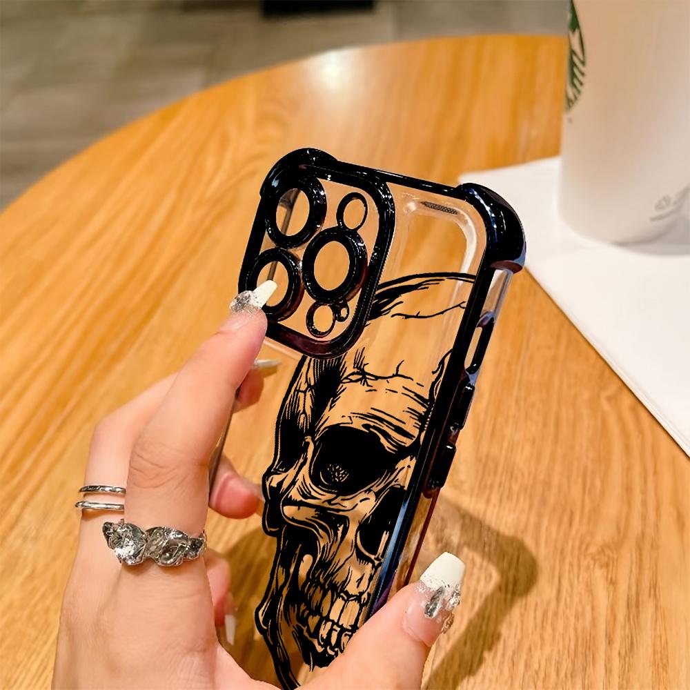 Стильный прозрачный чехол для телефона с рисунком черного черепа для iPhone 17 16 Pro Max 15 14 Plus 13 12 11 17 Air 16E Ударопрочный мягкий чехол