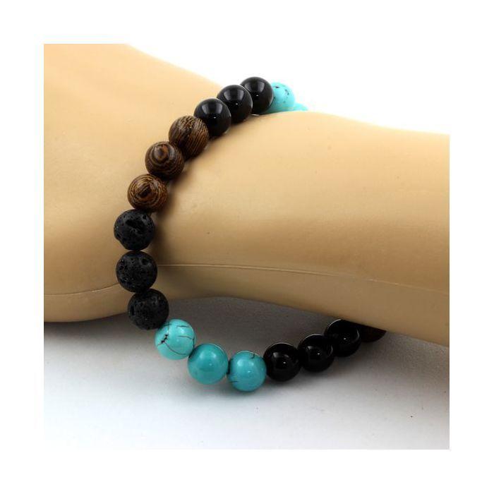 Stones and Minerals. Turquoise + Lava + Black Agate + Wood Bead Bracelet 8 Mm. Made In France.