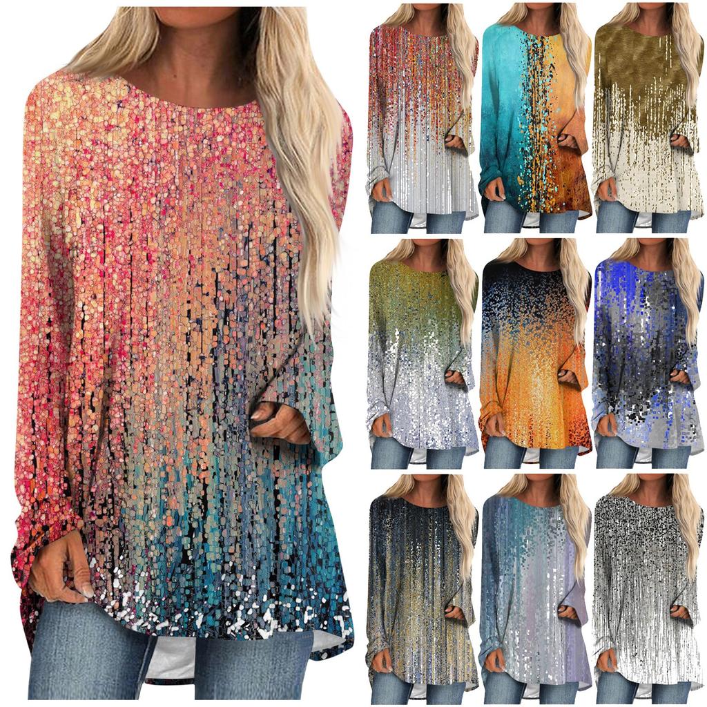 Женский модный повседневный топ с круглым вырезом и длинным рукавом средней длины с цветочным принтом