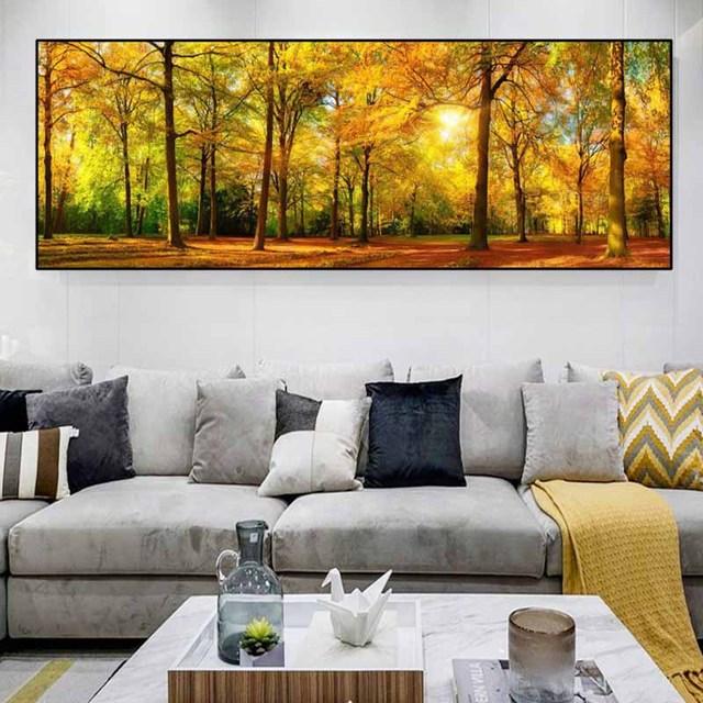 Пейзаж Зеленый Желтый Лес Дерево Холст Картина Солнечный свет Плакаты и принты Настенные Панно Гостиная Домашний Декор Без Рамки
