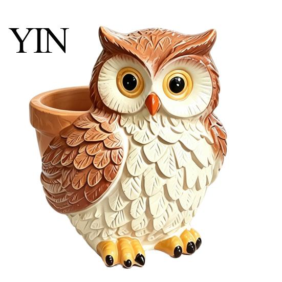 Owl Flower Pot Cute Cartoon Planter, Resin Small Planter Pot, Decorative Hand Painted Statue Plant for Succulents, Indoor Garden Balcony Decoration