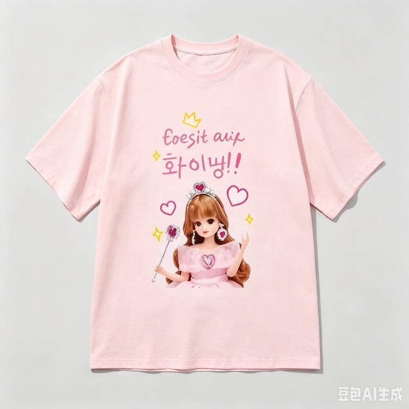 Pure Cotton Casual Princess Doll Crown Print Top Unisex Cute Pink Fairy Pattern Short Sleeve Tshirt Fashion Tee