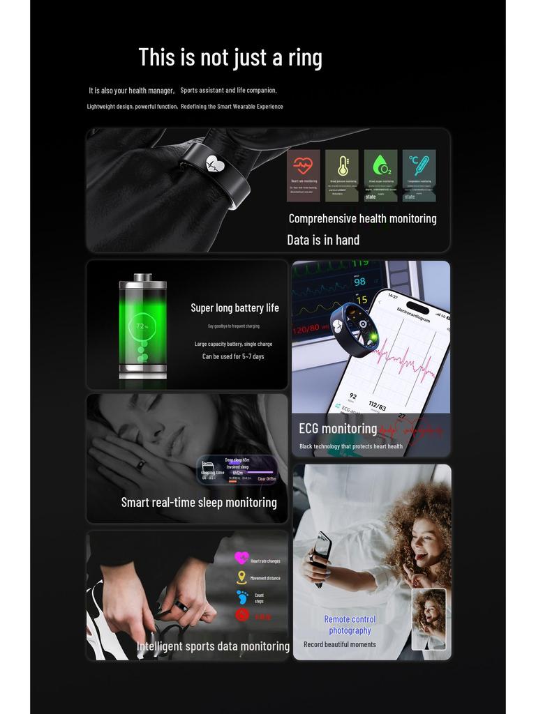 Умное кольцо здоровья R30: ЭКГ, Температура тела, Пульс, Кислород в крови, Мониторинг сна и ВСР