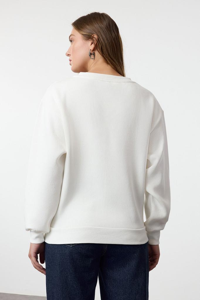 Женский модный стильный свитшот цвета экрю с цветочной вышивкой, обычный крой с v-образным вырезом, толстый внутри флисовый вязаный свитшот