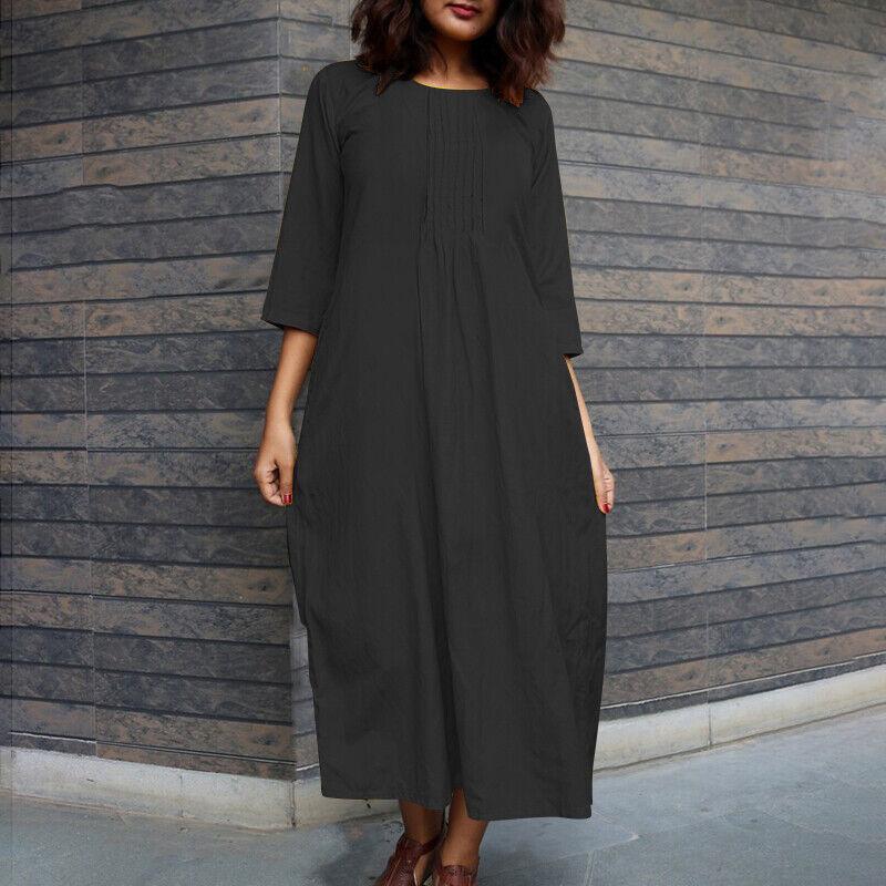 Длинные рукава, омолаживающее модное повседневное платье с круглым вырезом и карманами