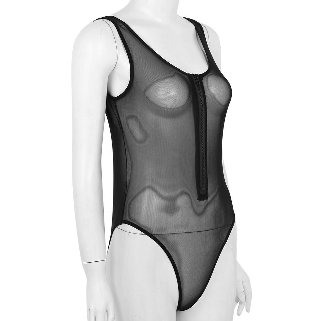 Women's Mesh Sheer See Through Zipper High Cut Thong Teddy Leotard Bodysuit Swimsuit