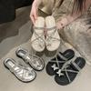 Fashion Shiny Rhinestone Butterfly Slides Women, Black Cross - Strap Sandals, Casual Daily Fashion Footwear