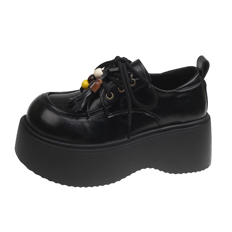 Muffin Platform Lace-up Small Leather Shoes Women's 2025 Autumn New Retro British Style Commuter Loafers Black Women's Shoes