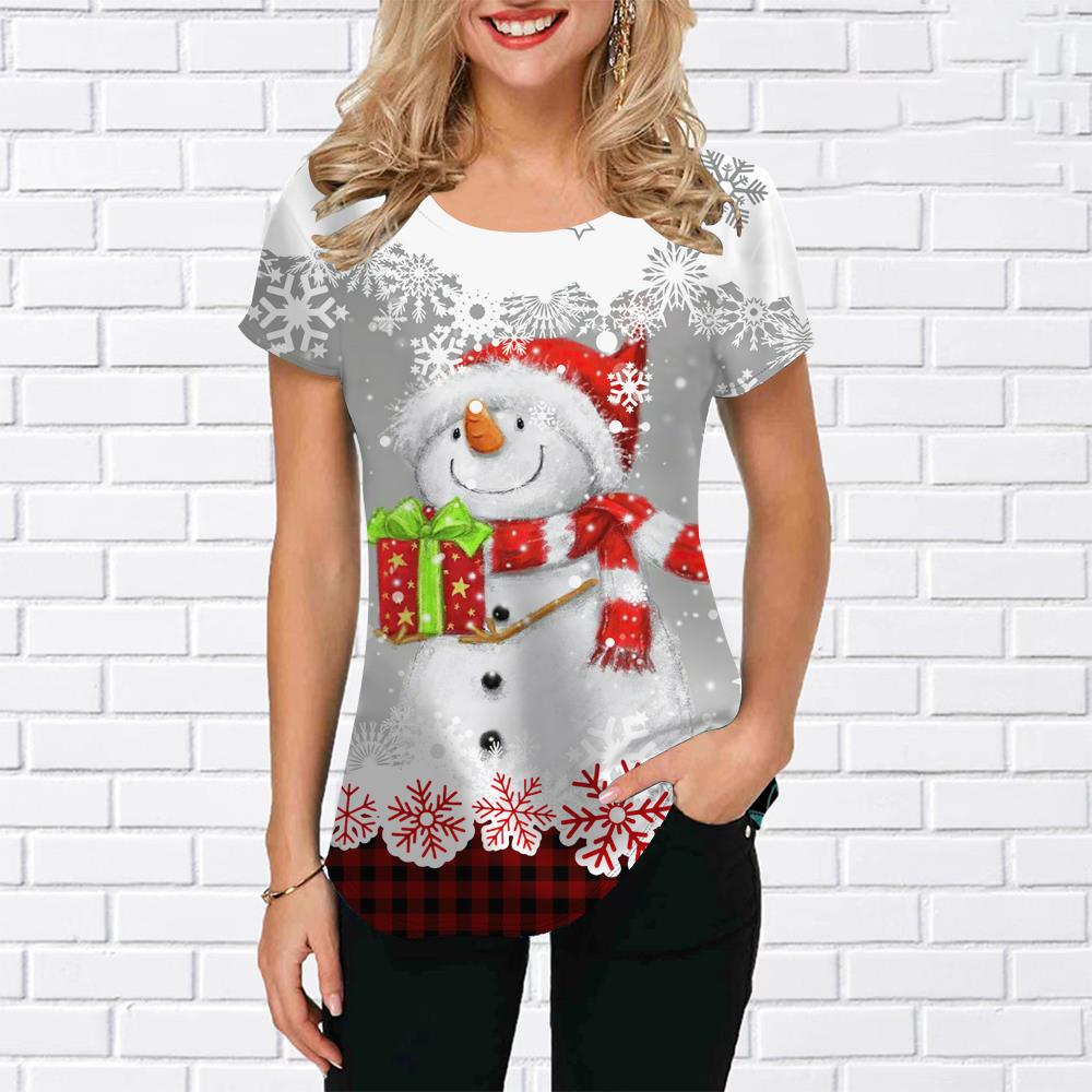 Футболка с изображением лося и снеговика для женщин, летняя футболка большого размера, топ с рождественским принтом и графическим принтом, 2023, модные повседневные женские футболки с круглым вырезом, пуловер