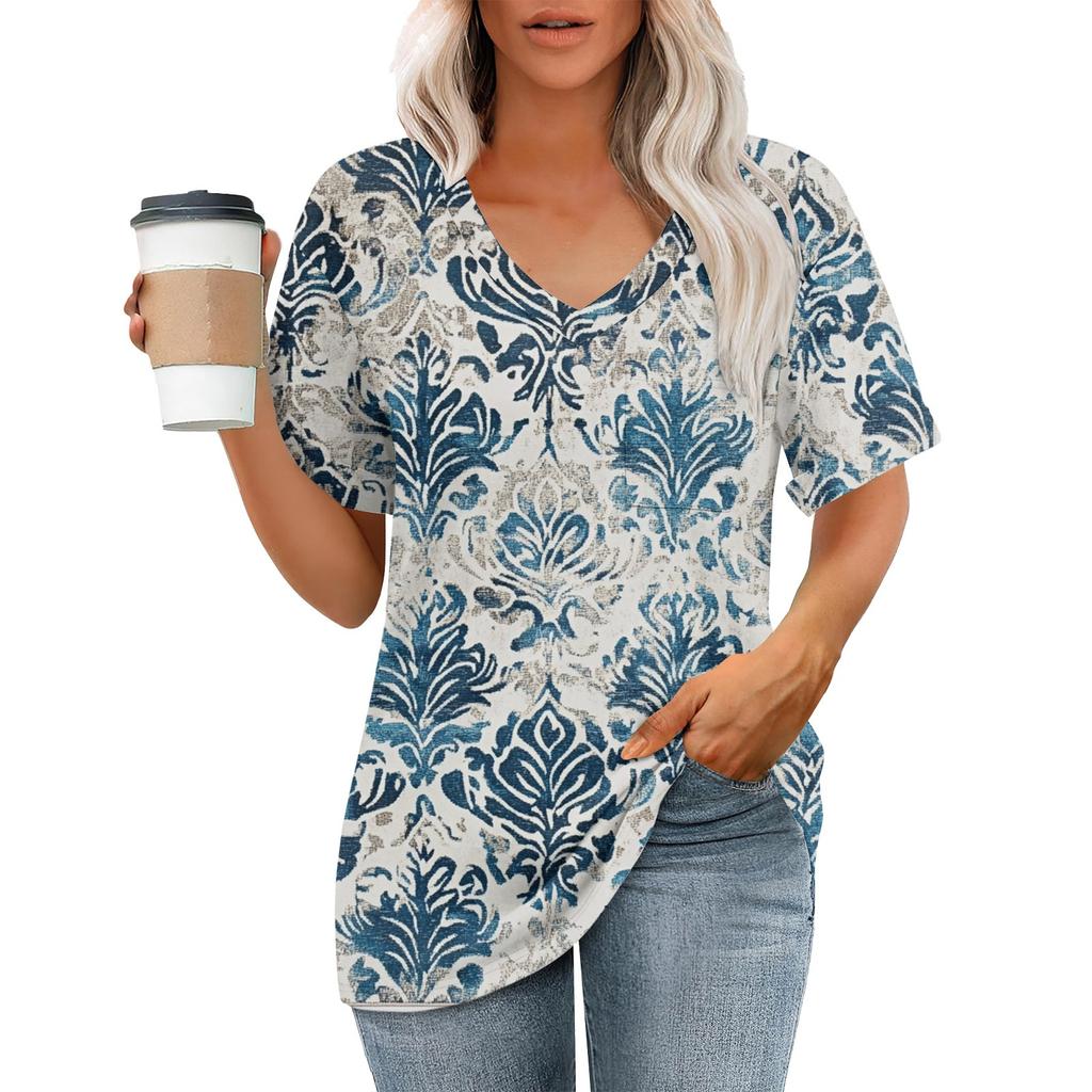 Women's Fashion Pocket V-neck Short Sleeve Plant Floral Print T-shirt Top