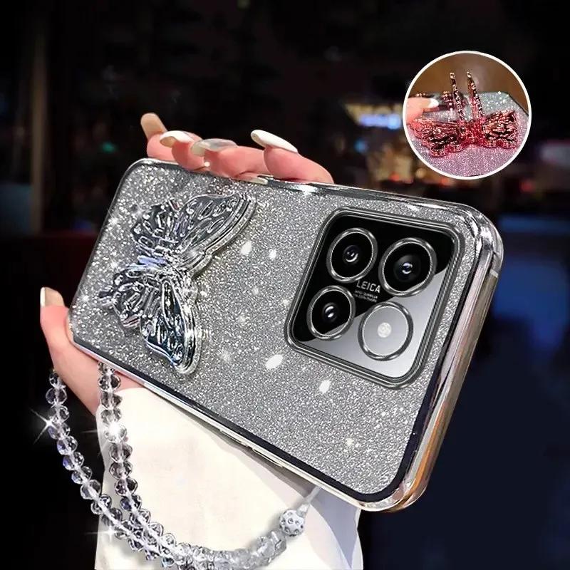 3D Держатель для телефона в виде бабочки, Хрустальный браслет, Чехол с блестящим покрытием для Xiaomi Mi 14 Ultra 13 12 11 Lite Pro, Задняя крышка