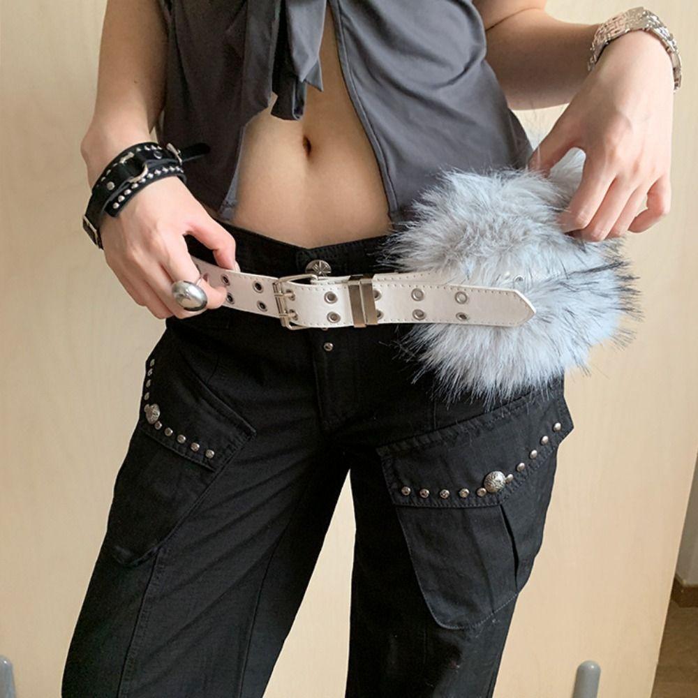 Rivet Leather Fur Belt Faux Fur Y2K Waistband Vintage Furry Waistband  Dress Decoration