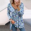 Women Autumn Floral Blue Rose Printed Long Sleeve T-Shirts Loose V-Neck Plus Size Tee Shirt Tops Comfy Blouse