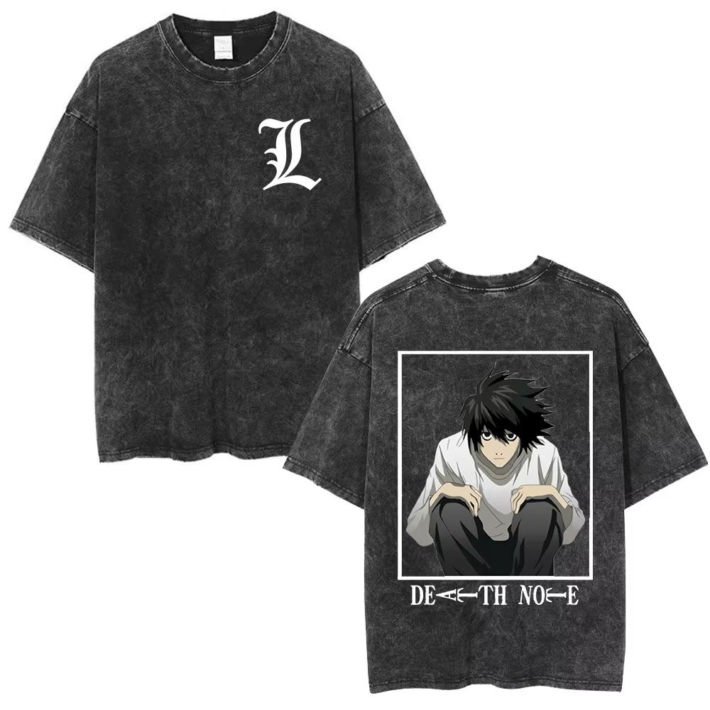Vintage Washed Death Note Anime Tshirt Men Women Loose Cotton Casual Graphic Short Sleeve Summer Streetwear Top 2026 Hot Sale