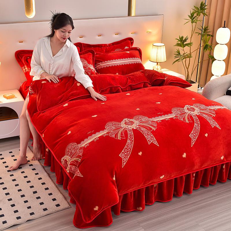 Утолщенный Молочный Флис Четырехпредметный Пододеяльник из Кораллового Флиса, Флисовая Простыня, Двустороннее Флисовое Фланелевое Постельное Белье, Юбка для Кровати